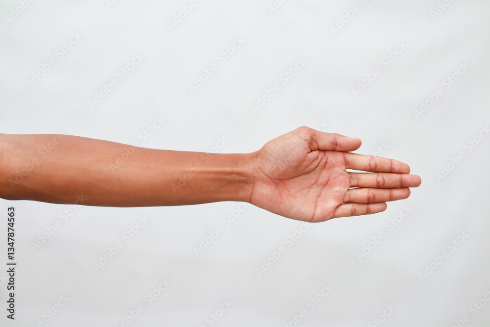 Outstretched Brown Hand Reaching On White Background Studio Shot Outstretched Brown Hand Reaching On White Background Studio Shot