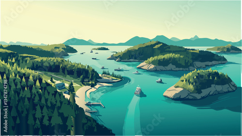 Tranquil Waters of San Juan Islands, Captured in Isometric Style .eps