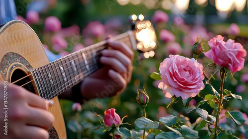 Experience the serenity of A musician playing an acoustic guitar in a garden of roses, a captivating image showcasing the harmonious blend of music and nature's beauty This stunning photograph