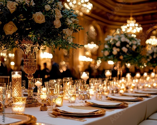 Experience the splendor of a refined black-tie gala, a timeless luxury event illuminated by soft golden lighting, showcasing guests in elegant eveningwear Witness an unforgettable evening of