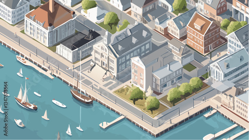 Vibrant Cityscape- Newport, Rhode Island in Isometric Design .eps