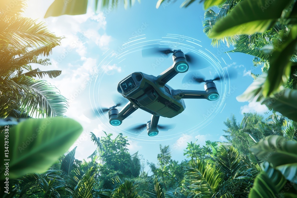 Obraz premium Futuristic Drone Flying Over Lush Forest for Smart Conservation Efforts in Nature