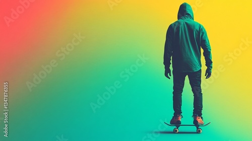 A boy in a hoodie skating, gradient background with warm green to soft yellow on the right, isolated minimalist style.