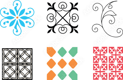 Set of abstract geometric floral patterns with decorative shapes and clean lines suitable for modern backgrounds icon set