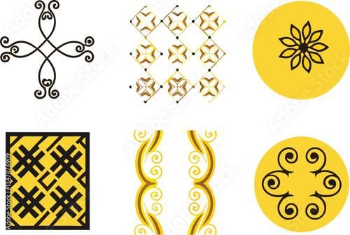 Unique set of geometric floral patterns in black and white featuring abstract designs icon set