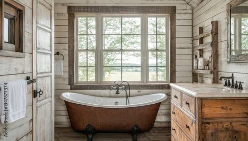 Rustic Farmhouse Bathroom with Freestanding Copper Tub and Countryside View