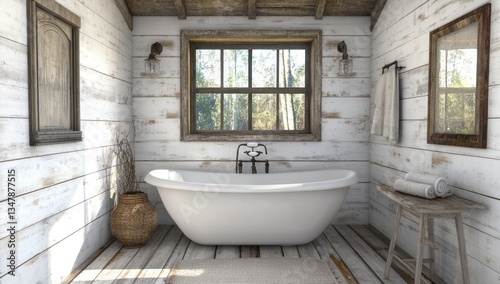 Rustic Farmhouse Bathroom Design: Whitewashed Walls and Freestanding Tub
