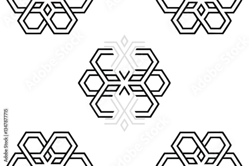 Abstract icon set with interlocking hexagonal patterns on a white background, geometric design with bold lines and modern aesthetic