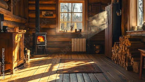Cozy Cabin Interior with a Warm Fireplace