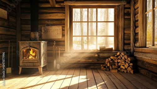 Cozy Cabin Interior: Warmth and Rustic Charm of a Wooden House with a Fireplace