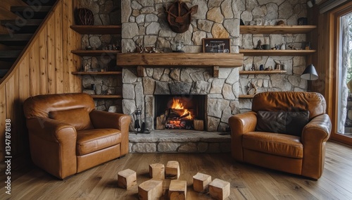 Cozy Cabin Living Room with Stone Fireplace and Leather Armchairs