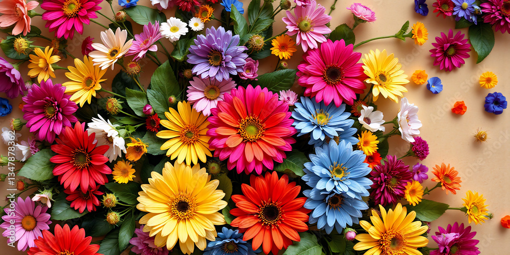 Fototapeta premium A vibrant display of colorful gerbera daisies with lush green leaves arranged on a soft beige backdrop. The flowers showcase a spectrum of hues.