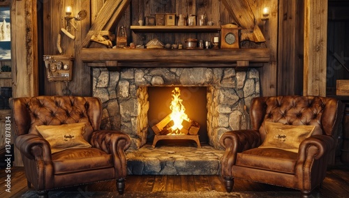 Cozy Cabin Fireplace: Rustic Interior Design with Leather Armchairs