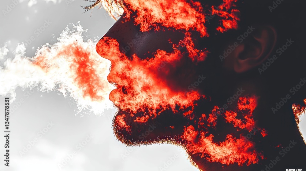 Man's profile with fiery smoke or fire. Man's profile with fiery smoke or fire.