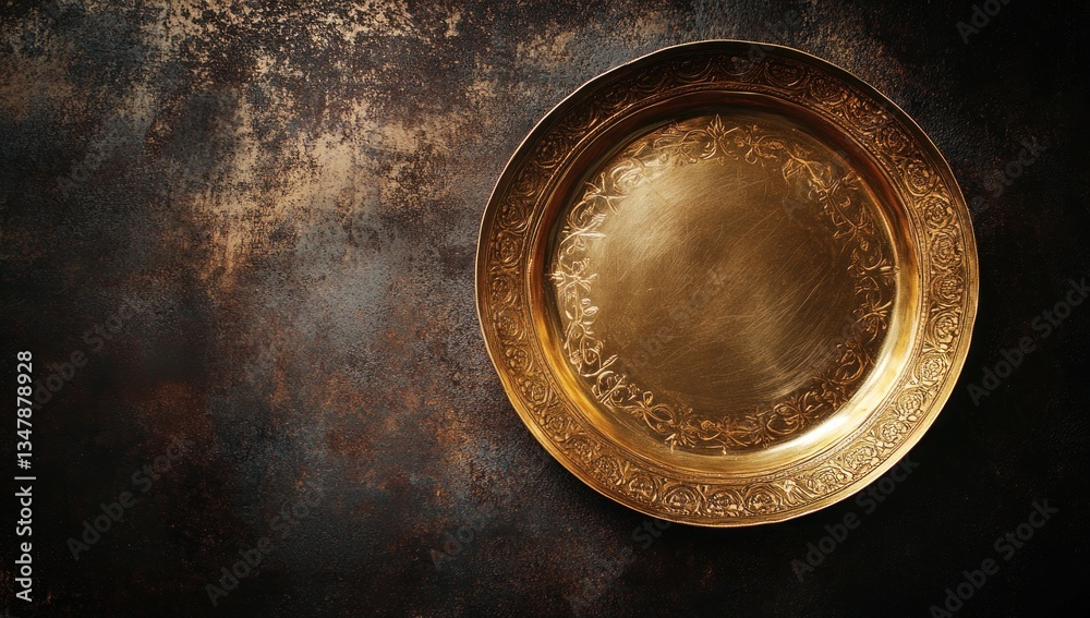 Ornate Golden Plate on Rustic Background Ornate Golden Plate on Rustic Background