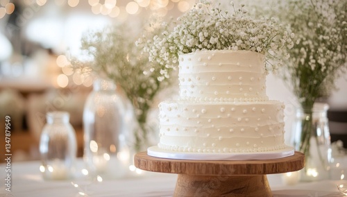 Elegant Two-Tiered Wedding Cake Adorned with Baby's Breath