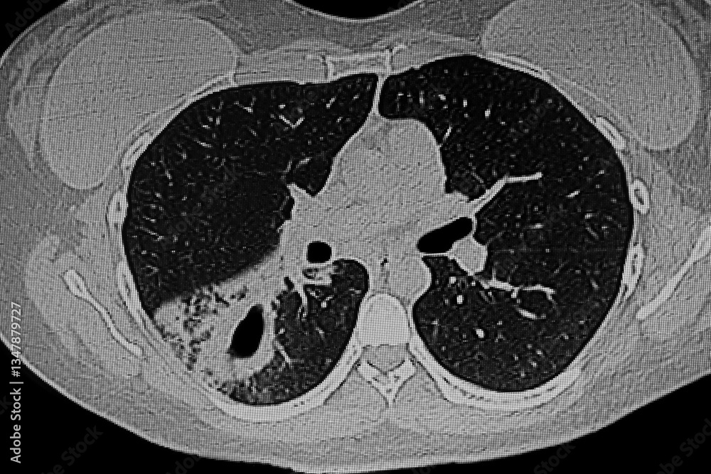 Chest CT scan showing a cavernous cavity in the upper segment of the right lower lobe due to pulmonary tuberculosis