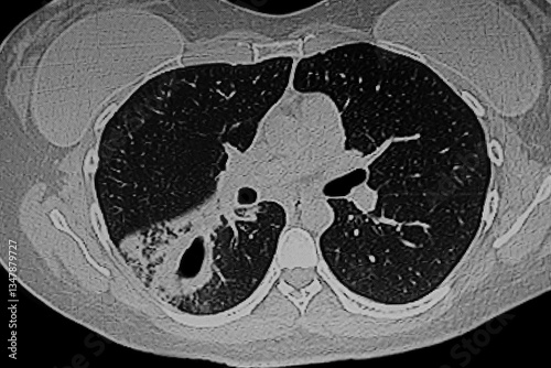 Chest CT scan showing a cavernous cavity in the upper segment of the right lower lobe due to pulmonary tuberculosis
