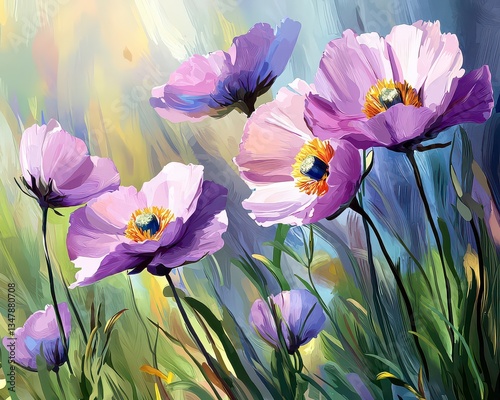 Immerse yourself in the serene beauty of blooming flowers captured in A pastel watercolor painting of blooming flowers, relaxing and artistic, a piece designed to evoke tranquility Soft hues blend