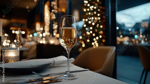 Fototapeta Naklejka Na Ścianę i Meble -  Indulge in an Exclusive Fine Dining Experience Champagne and Haute Cuisine Await Polished table settings gleam, rich textures tantalize Discover culinary artistry, savor impeccable service, and