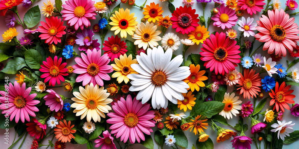 A vibrant and cheerful display of colorful daisy flowers in shades of pink, red, yellow, orange, white, and purple, creating a bright floral arrangement. A vibrant and cheerful display of colorful daisy flowers in shades of pink, red, yellow, orange, white, and purple, creating a bright floral arrangement.