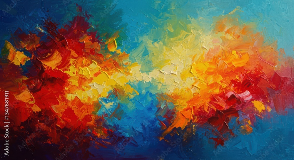An abstract expressionist painting bursting with fiery reds, warm yellows, and cool blues, evoking emotion and energy for modern decor and creative spaces.