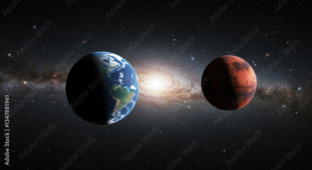 Obraz premium A breathtaking cosmic scene with Earth and Mars in the foreground, surrounded by twinkling stars and a distant galaxy, highlighting the beauty of the universe.