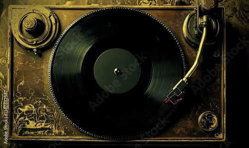 Vintage Record Player With Golden Accents on Dark Background