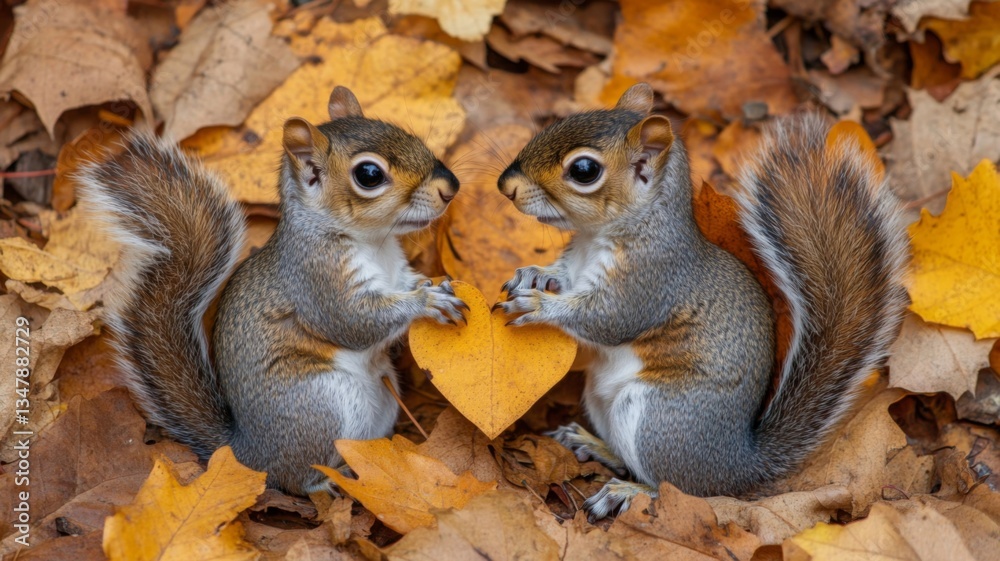 Naklejka premium Two baby squirrels share a heart shaped leaf