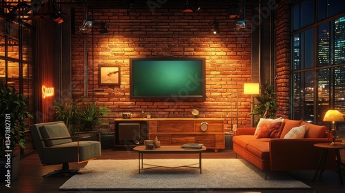 A cozy talk show set with warm lighting and a brick wall backdrop.