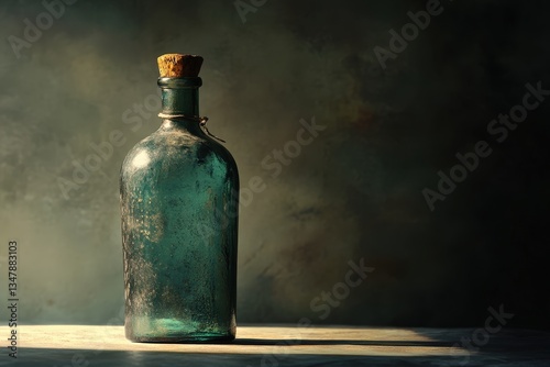 A vintage glass bottle with cork and worn dusty appearance
