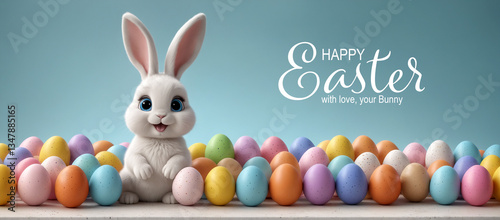 Cute white bunny with big ears, blue eyes surrounded by colorful Easter eggs on white table isolated on blue background. Illustration for greeting cards, banners, flyers or mockup.