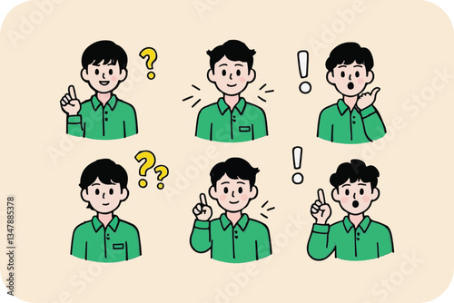 Expressive Cartoon Character: Question Marks, Exclamation Points, and Gestures