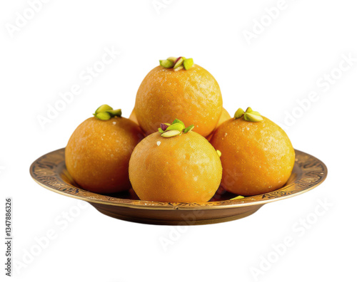 Fresh Homemade Indian Sweet Motichoor Ladoo Garnished with Pistachios Served on Traditional Bronze Plate Isolated on Transparent and White Background
