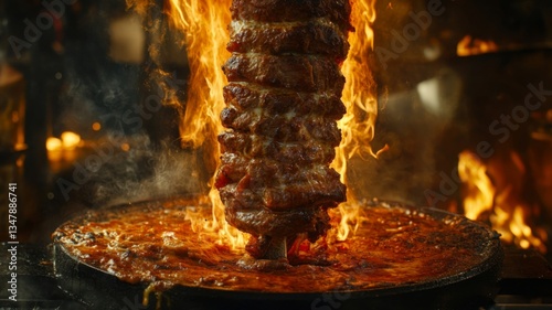 Flaming Meat Rotating On A Skewer Over Fire