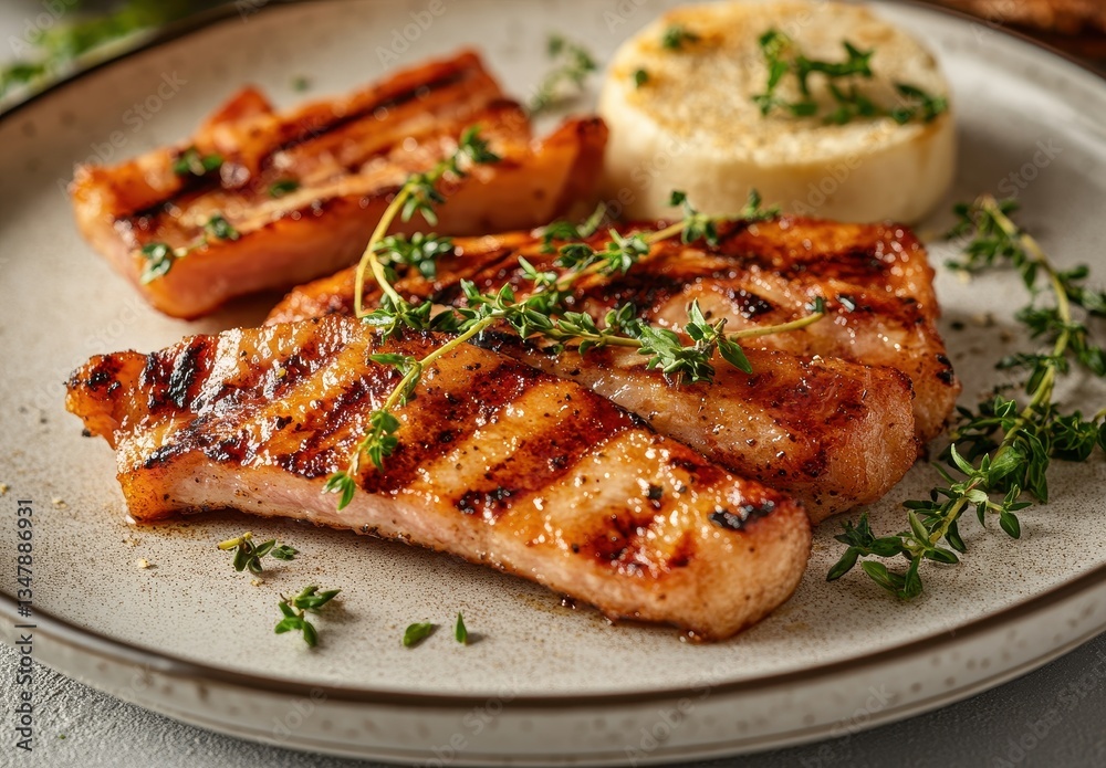 Grilled Pork Chops with Fresh Herbs and Seasoned Grits Served on a Rustic Plate, Perfect for Culinary Photography and Food Styling Grilled Pork Chops with Fresh Herbs and Seasoned Grits Served on a Rustic Plate, Perfect for Culinary Photography and Food Styling