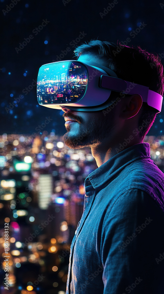 A man wearing a virtual reality headset is looking at a cityscape. Concept of wonder and excitement as the man experiences the virtual world A man wearing a virtual reality headset is looking at a cityscape. Concept of wonder and excitement as the man experiences the virtual world