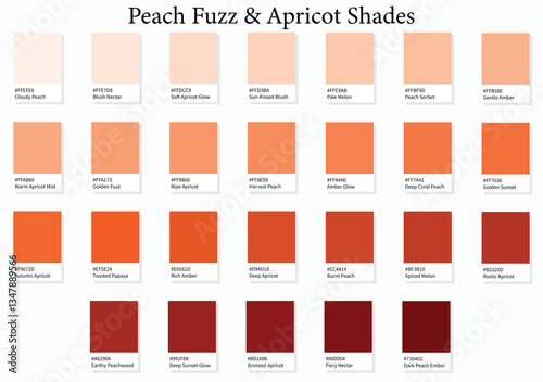 Color Palette 26 Peach Fuzz and Apricot Shades - 3d Pastel Faded to Rich Dark Autumn Tones - with HEX Codes and Names, Colour Swatches, Scheme and Combinations