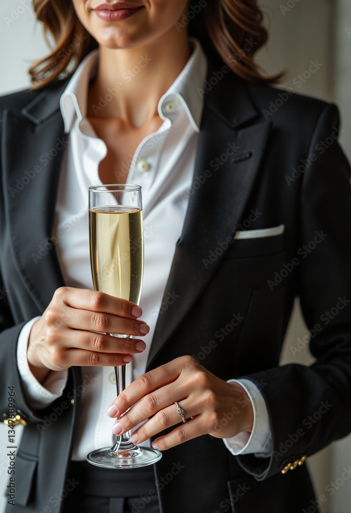 Woman in Black Suit Holding Champagne, Minimalist, Achievement Celebration Concept, for Business Success & Corporate Events Ads Woman in Black Suit Holding Champagne, Minimalist, Achievement Celebration Concept, for Business Success & Corporate Events Ads