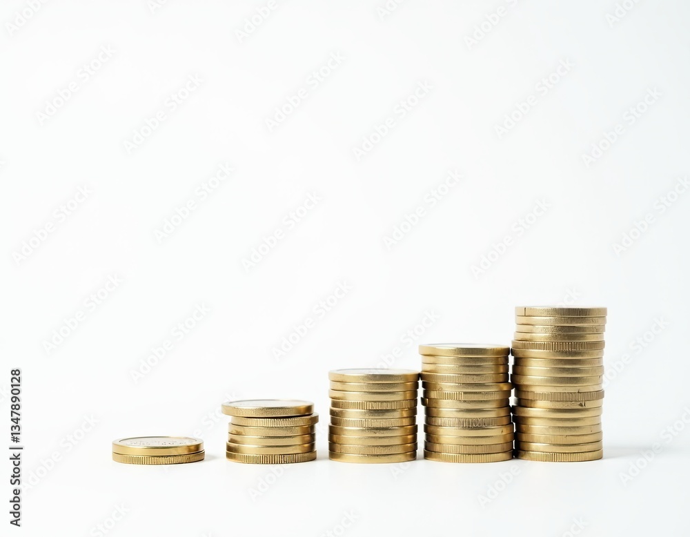 Gold Coins Stacked in Ascending Order on White Background Gold Coins Stacked in Ascending Order on White Background