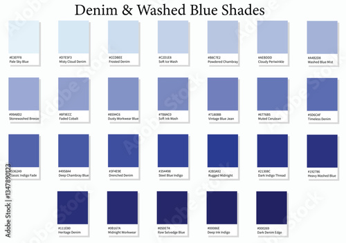 Color Palette 26 Denim and Washed Blue Shades - 3d Light Faded to Deep Dark Blue Tones - with HEX Codes and Names, Colour Swatches, Scheme and Combinations
