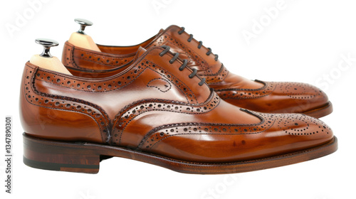 Elegant brown leather brogue shoes with shoetrees on transparent background