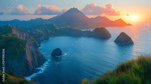 Dramatic sunset over volcanic islands photo