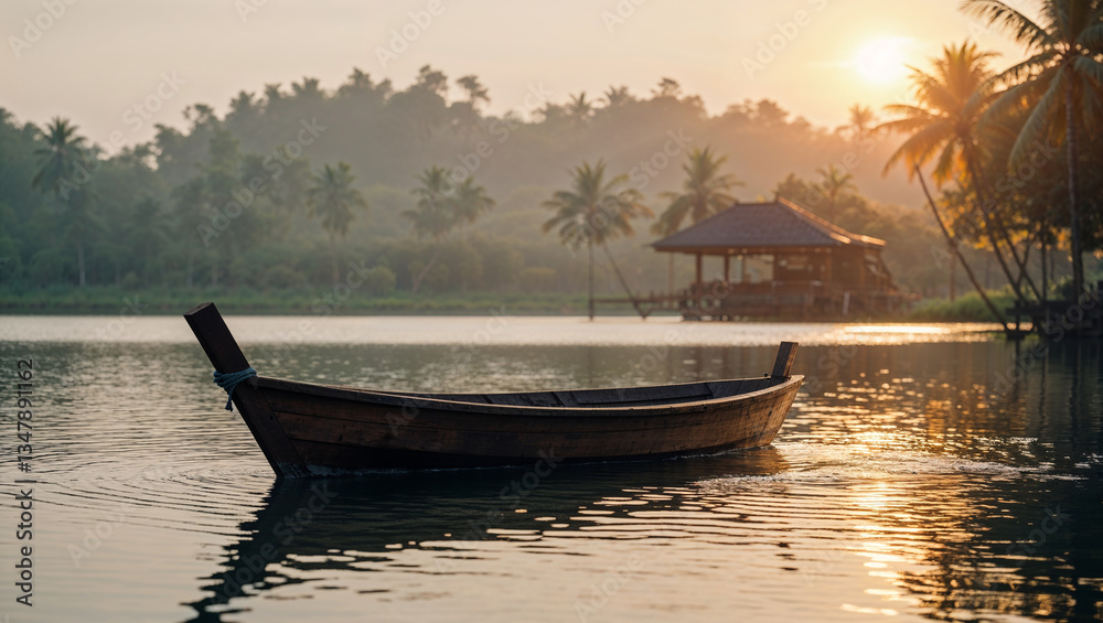 Serene Wooden Boat at Sunrise on Tropical River Serene Wooden Boat at Sunrise on Tropical River