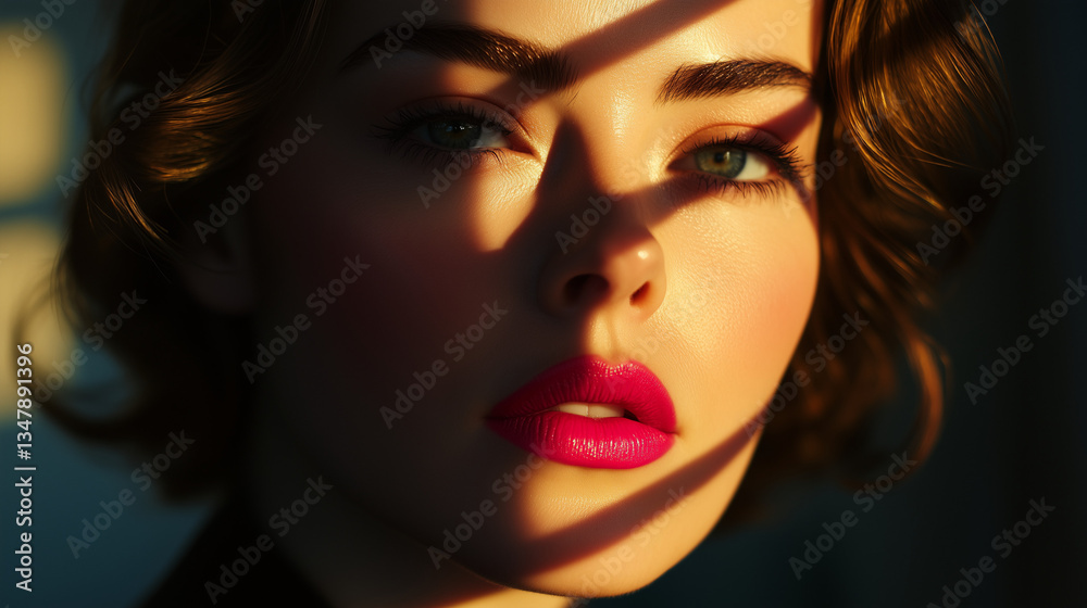 Fototapeta premium A model with bright pink lips, half-shadowed face, exuding elegance and mystery in dramatic lighting.