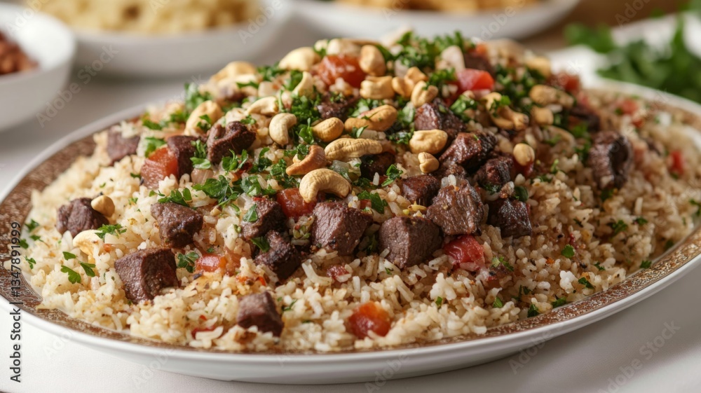 Delicious Lamb Rice Dish Topped With Cashews And Parsley Delicious Lamb Rice Dish Topped With Cashews And Parsley