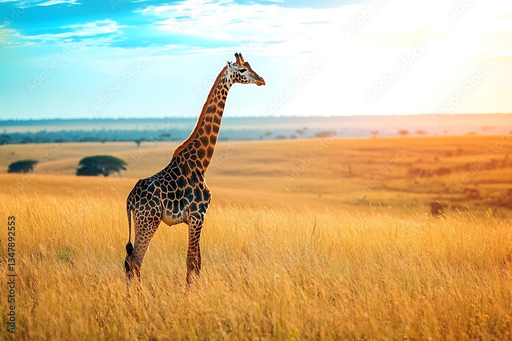 Obraz premium A noble giraffe reflects savanna splendor with golden fields and far-off skies 