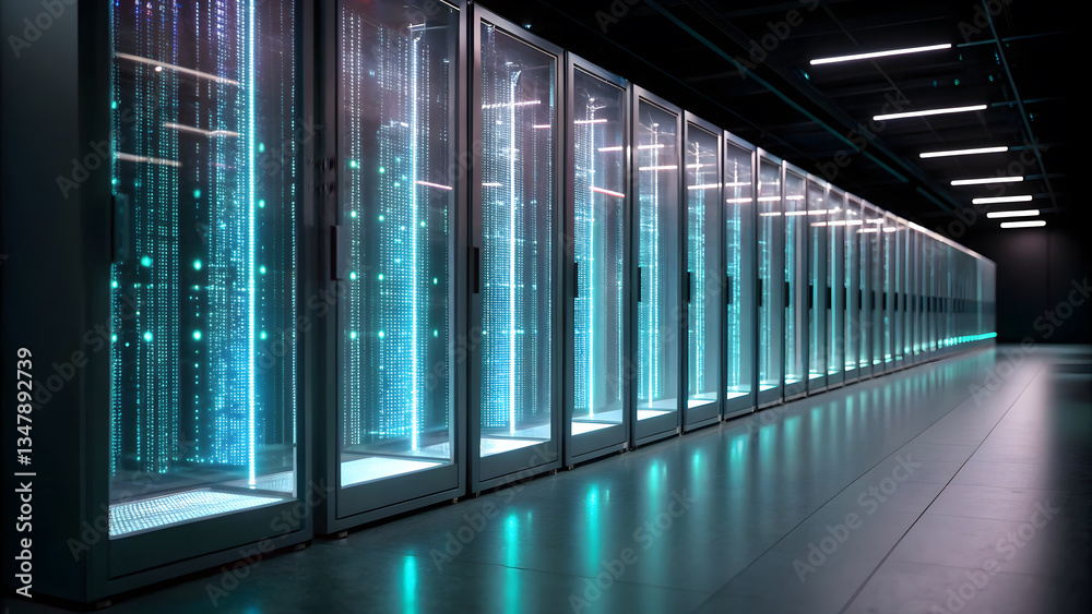 Fototapeta premium Data Transparency & Trust Data center with glowing servers symbolizes transparency and trust in digital information storage