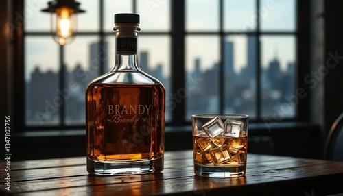 A Bottle of Brandy and Glass of Brandy Filled with Ice Cubes.