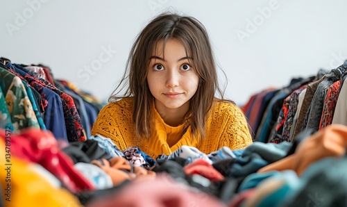 Young Woman with Curly Hair Smiling Amidst a Colorful Pile of Clothes